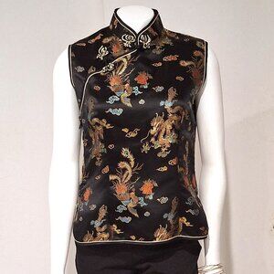 Like new Chinese black satin sleeveless top with mandarin collar